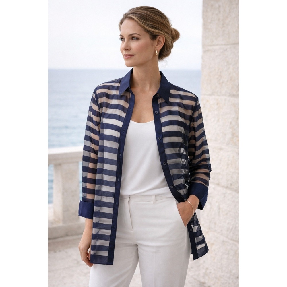 Sag Harbor Sheer Stripe Shirt Jacket Womens‎ 14 Navy Blue Relaxed Layering NWT